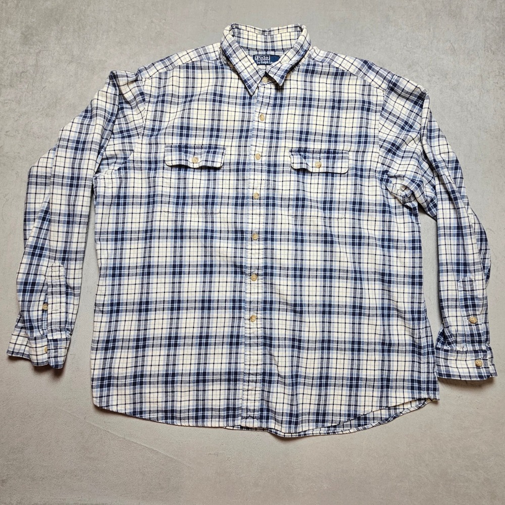 Polo Ralph Lauren Mens XXL Blue White Plaid Cotton Button Down Shirt Long Sleeve